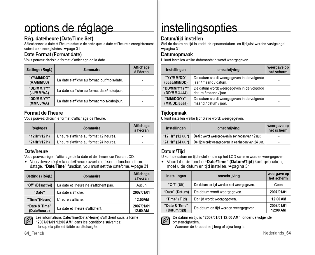 Samsung VP-MX10AH/XEF, VP-MX10H/XEF, VP-MX10/XEF, VP-MX10AU/XEF manual Instellingsopties 