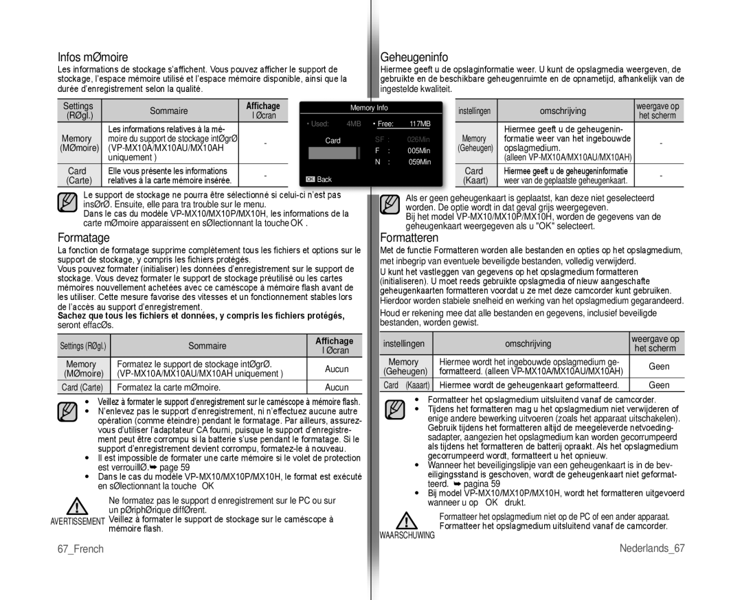 Samsung VP-MX10/XEF, VP-MX10H/XEF, VP-MX10AH/XEF, VP-MX10AU/XEF Infos mémoire Geheugeninfo, Formatage Formatteren, 67French 