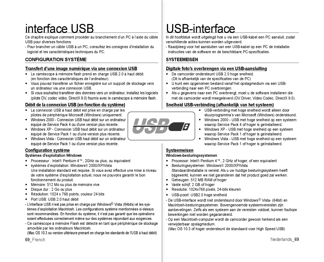 Samsung VP-MX10AU/XEF, VP-MX10H/XEF, VP-MX10/XEF, VP-MX10AH/XEF manual Interface USB, USB-interface 