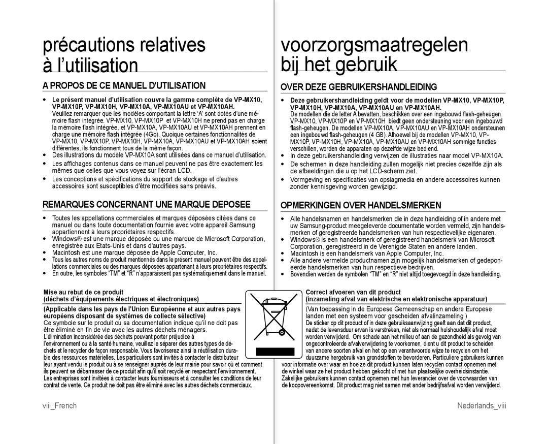 Samsung VP-MX10H/XEF Opmerkingen Over Handelsmerken, ViiiFrench, Européens disposant de systèmes de collecte sélective 