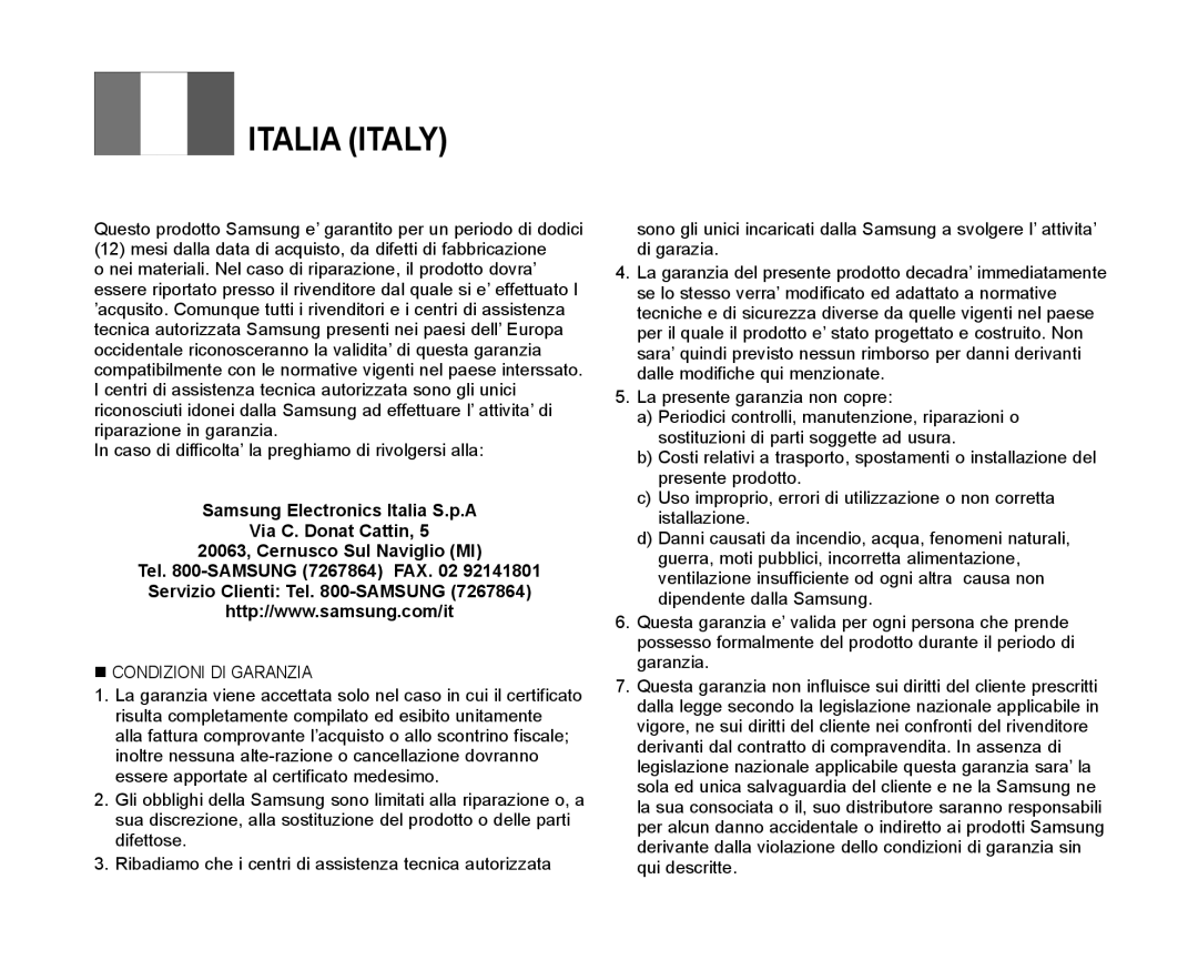 Samsung VP-MX10/XEF, VP-MX10H/XEF, VP-MX10P/XEF manual Italia Italy 