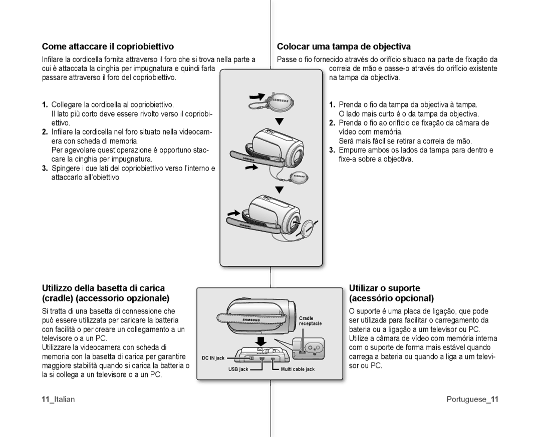 Samsung VP-MX10P/XEF, VP-MX10/XEF Come attaccare il copriobiettivo, Colocar uma tampa de objectiva, 11Italian Portuguese11 