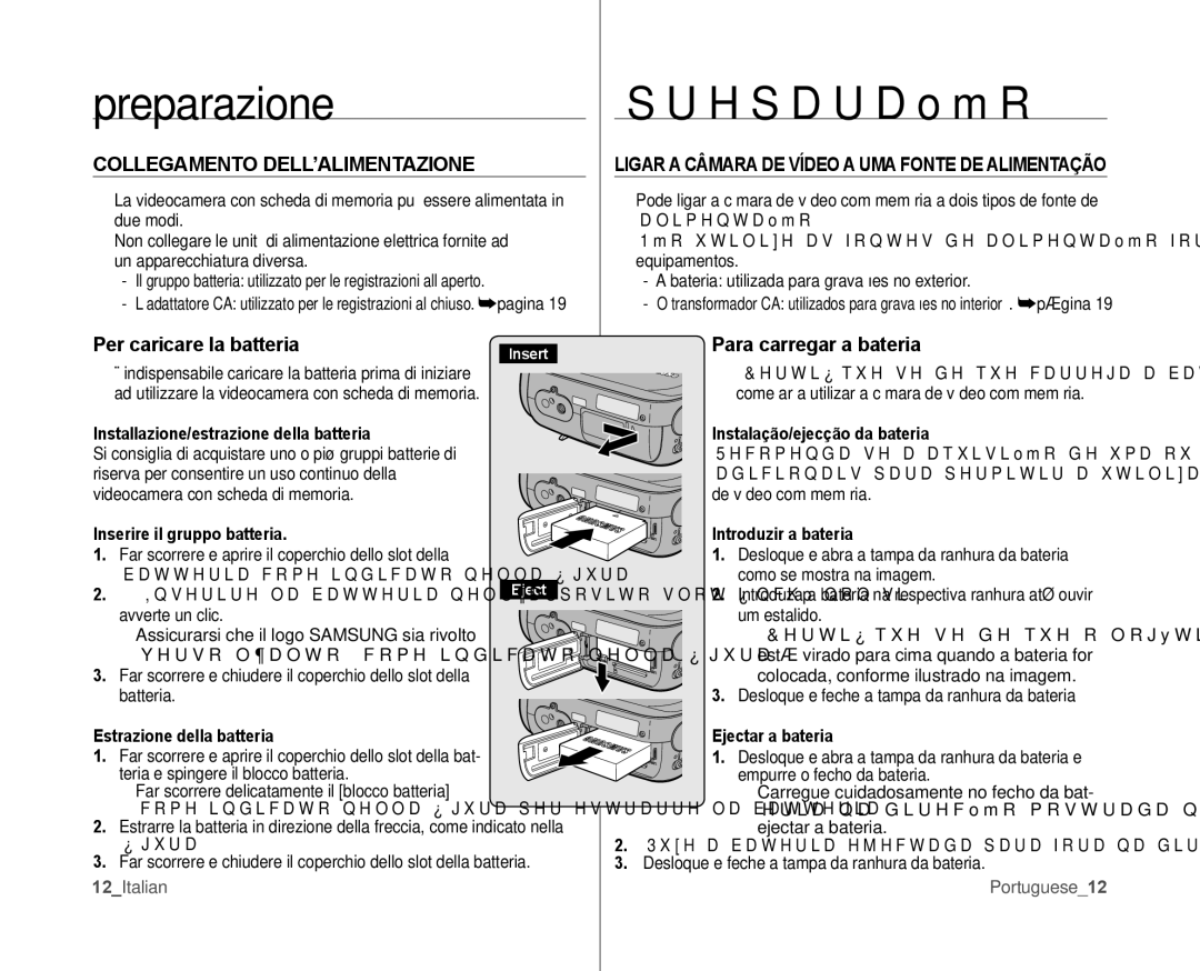 Samsung VP-MX10H/XEF, VP-MX10/XEF, VP-MX10P/XEF manual Collegamento DELL’ALIMENTAZIONE, Para carregar a bateria 