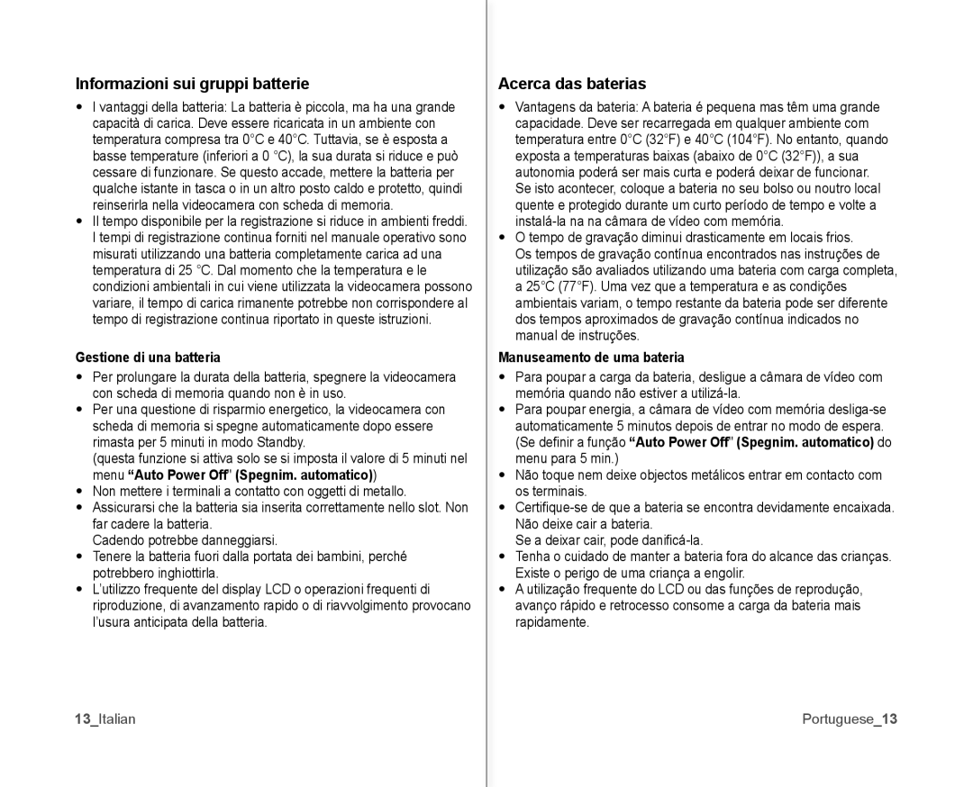 Samsung VP-MX10/XEF, VP-MX10H/XEF manual Informazioni sui gruppi batterie, Acerca das baterias, Gestione di una batteria 