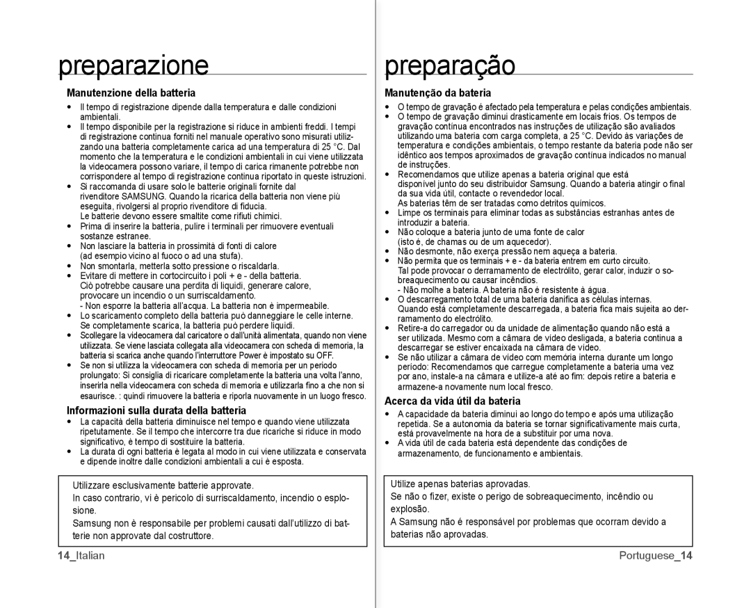 Samsung VP-MX10P/XEF manual Manutenzione della batteria, Informazioni sulla durata della batteria, Manutenção da bateria 