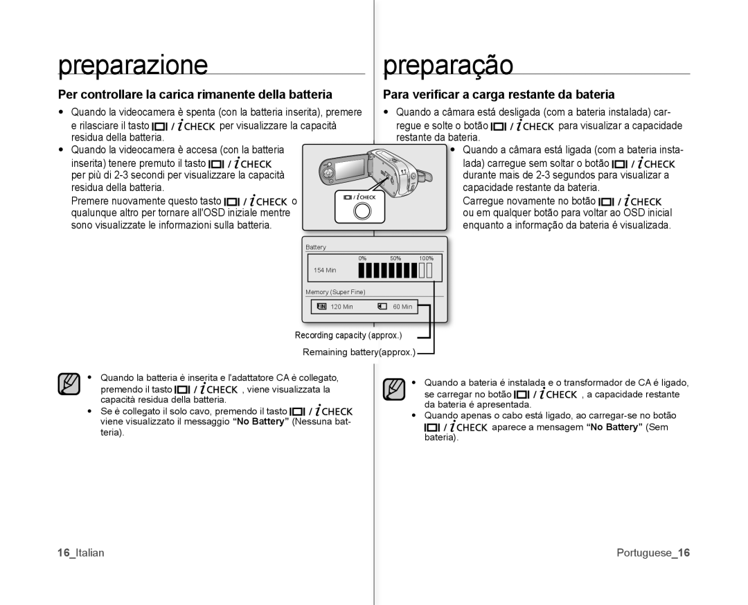 Samsung VP-MX10/XEF, VP-MX10H/XEF Rilasciare il tasto, Regue e solte o botão, Residua della batteria Restante da bateria 