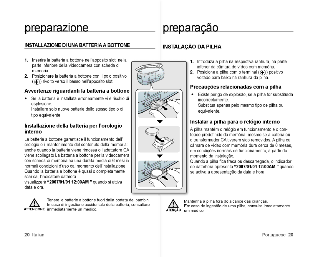 Samsung VP-MX10P/XEF, VP-MX10H/XEF, VP-MX10/XEF manual Installazione DI UNA Batteria a Bottone, Instalação DA Pilha 