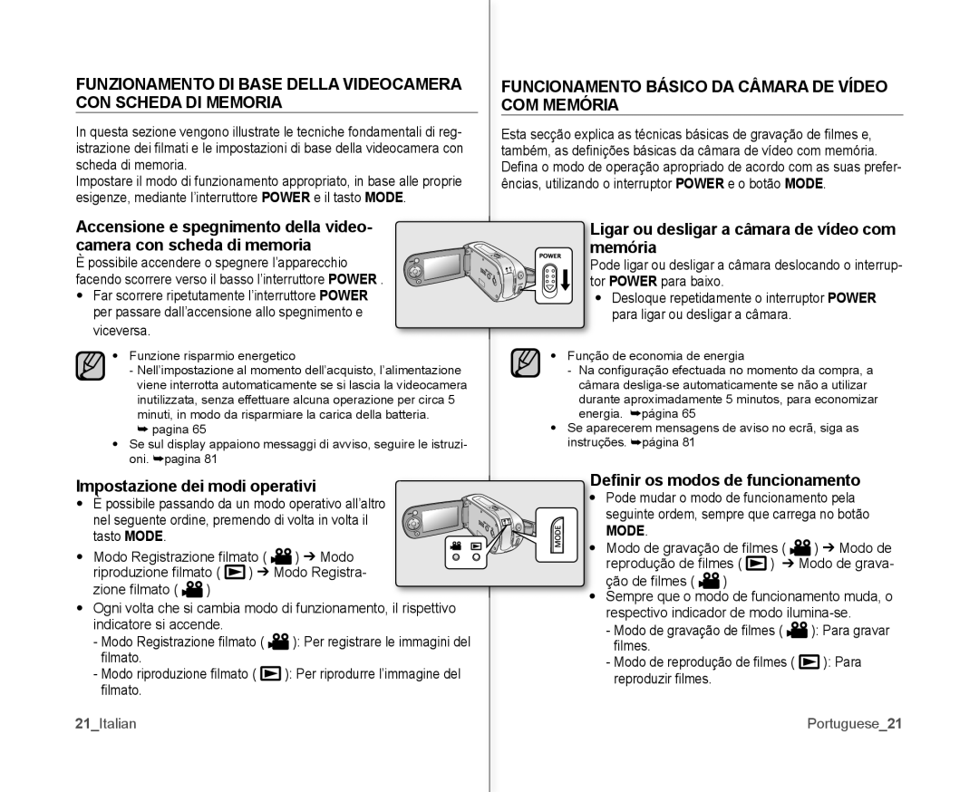 Samsung VP-MX10H/XEF, VP-MX10/XEF Impostazione dei modi operativi, Funcionamento Básico DA Câmara DE Vídeo COM Memória 