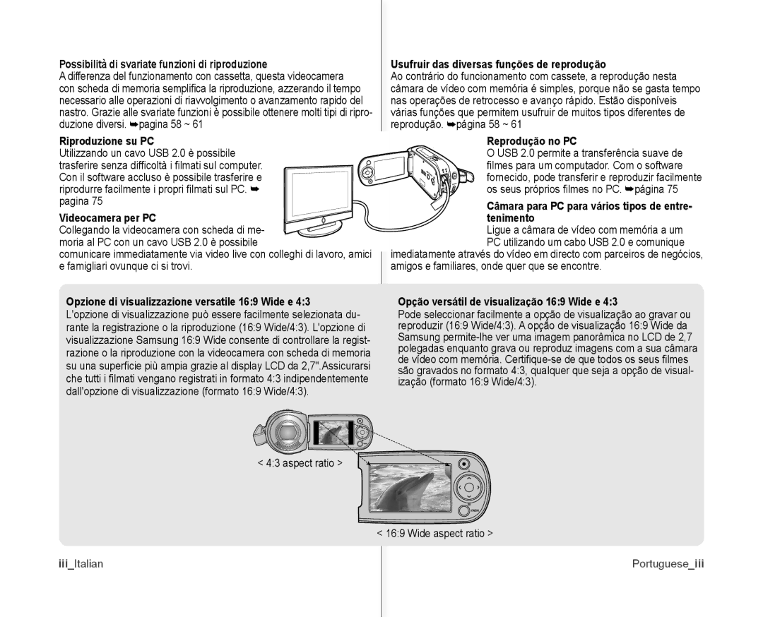 Samsung VP-MX10H/XEF, VP-MX10/XEF Possibilità di svariate funzioni di riproduzione, Riproduzione su PC, Reprodução no PC 