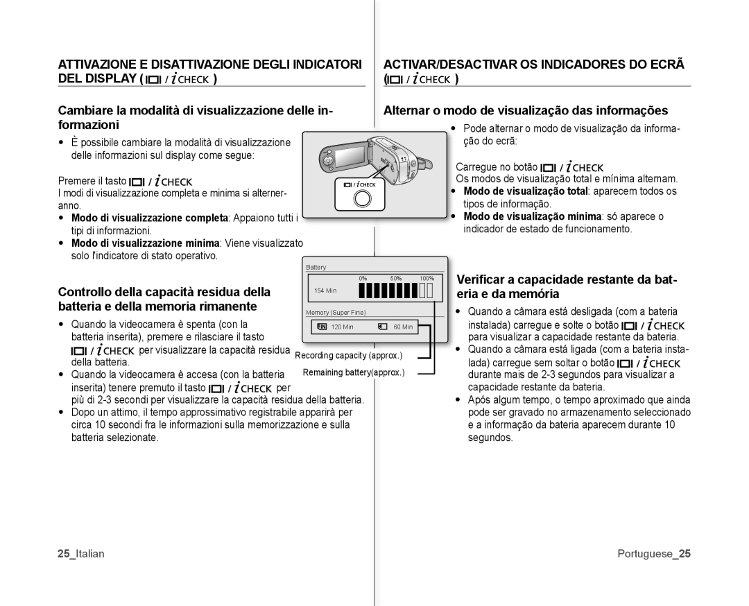 Samsung VP-MX10/XEF manual DEL Display, Cambiare la modalità di visualizzazione delle, Formazioni, Eria e da memória 