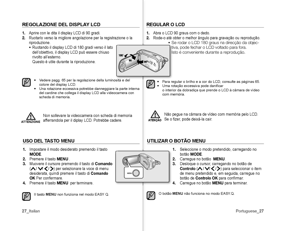 Samsung VP-MX10H/XEF, VP-MX10/XEF Regolazione DEL Display LCD, USO DEL Tasto Menu, Regular O LCD, Utilizar O Botão Menu 