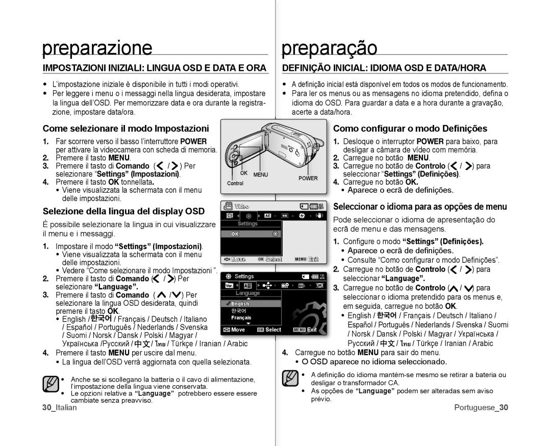 Samsung VP-MX10H/XEF, VP-MX10/XEF, VP-MX10P/XEF Como conﬁgurar o modo Deﬁnições, Selezione della lingua del display OSD 