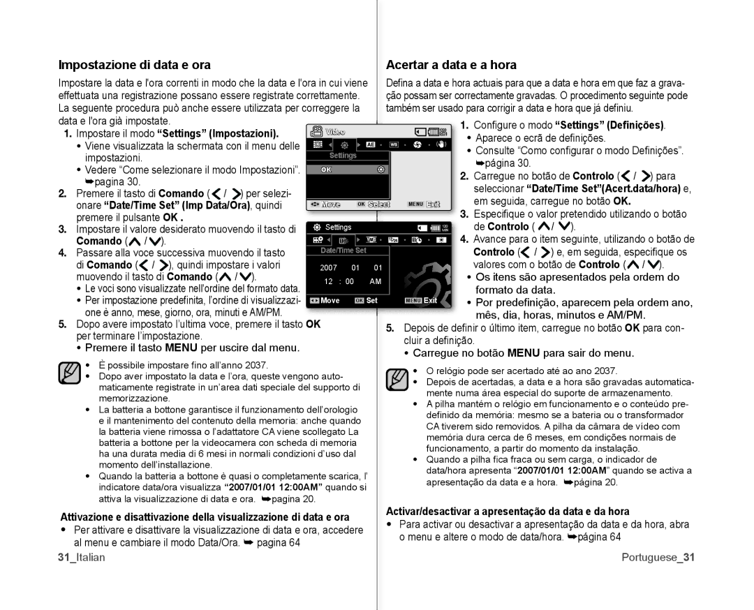 Samsung VP-MX10/XEF Impostazione di data e ora Acertar a data e a hora, Onare Date/Time Set Imp Data/Ora, quindi, Comando 