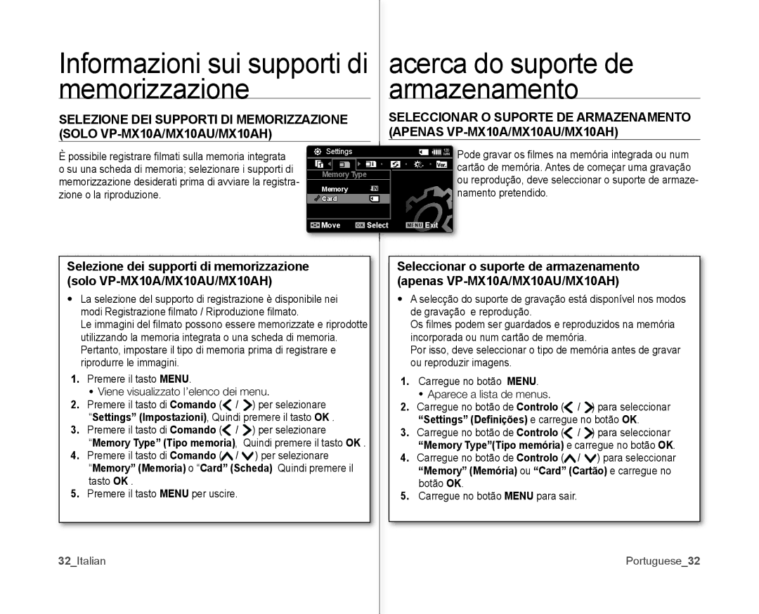 Samsung VP-MX10P/XEF manual Acerca do suporte de, Memorizzazione Armazenamento, Zione o la riproduzione Namento pretendido 