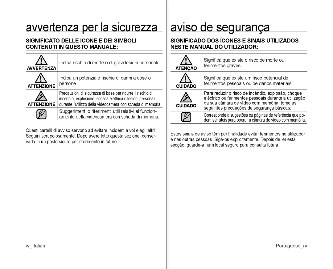 Samsung VP-MX10/XEF, VP-MX10H/XEF, VP-MX10P/XEF manual Aviso de segurança, IvItalian, Portugueseiv 