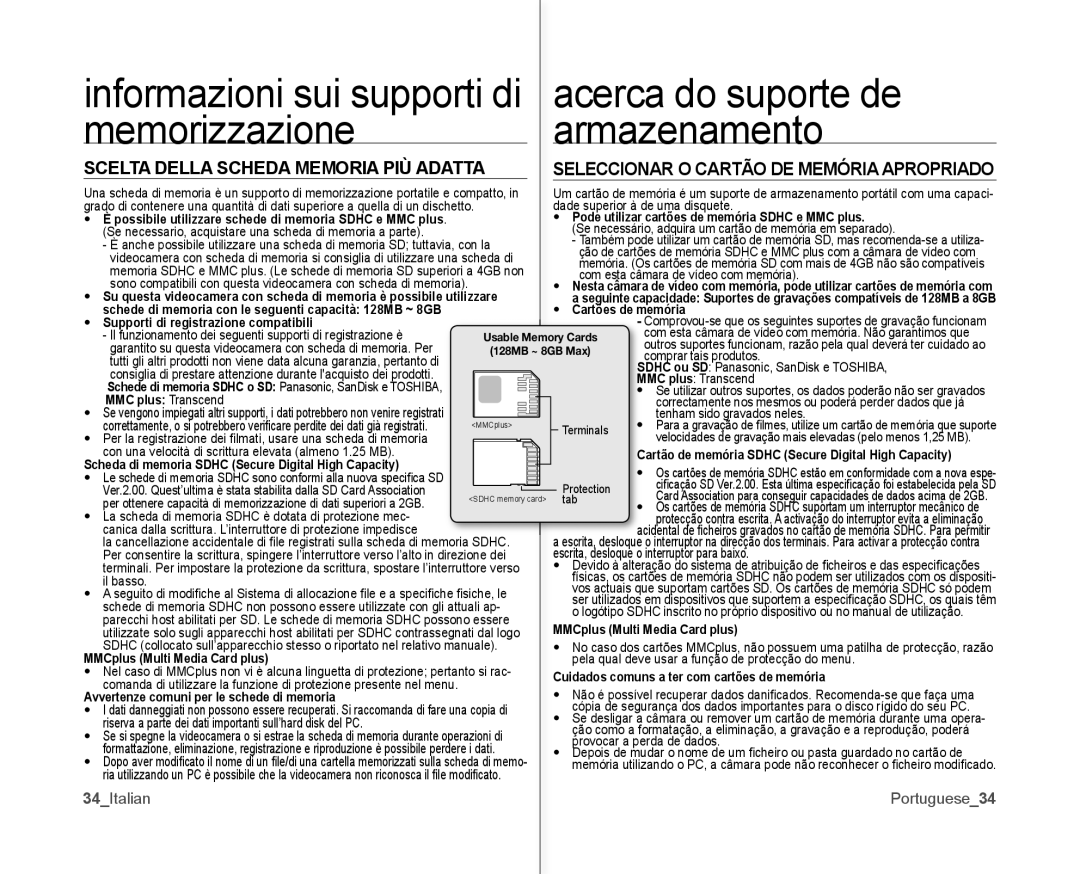 Samsung VP-MX10/XEF, VP-MX10H/XEF, VP-MX10P/XEF manual Scelta Della Scheda Memoria PIÙ Adatta, 34Italian Portuguese34 