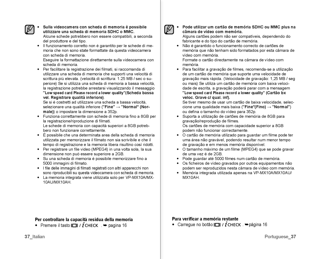 Samsung VP-MX10/XEF manual Per controllare la capacità residua della memoria, 37Italian, Para veriﬁcar a memória restante 