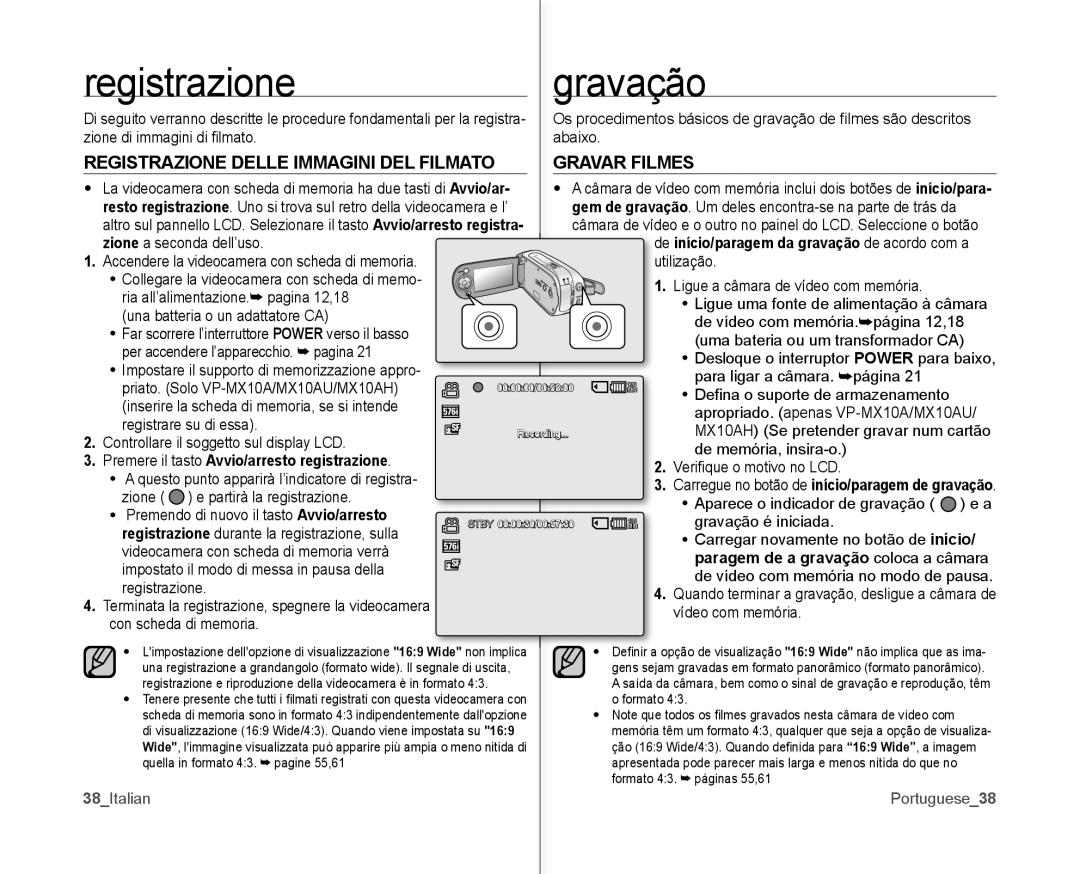 Samsung VP-MX10P/XEF, VP-MX10H/XEF, VP-MX10/XEF manual Gravação, Registrazione Delle Immagini DEL Filmato, Gravar Filmes 