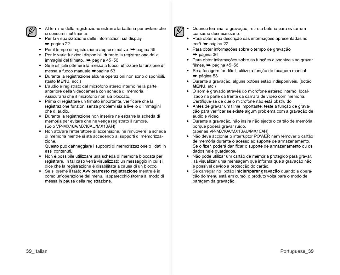 Samsung VP-MX10H/XEF, VP-MX10/XEF, VP-MX10P/XEF manual 39Italian, Portuguese39 