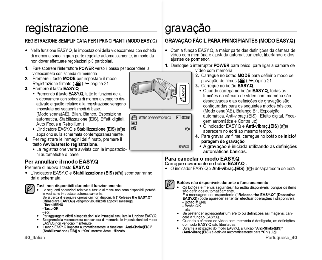 Samsung VP-MX10/XEF Per annullare il modo EASY.Q, Gravação Fácil Para Principiantes Modo EASY.Q, 40Italian, Portuguese40 