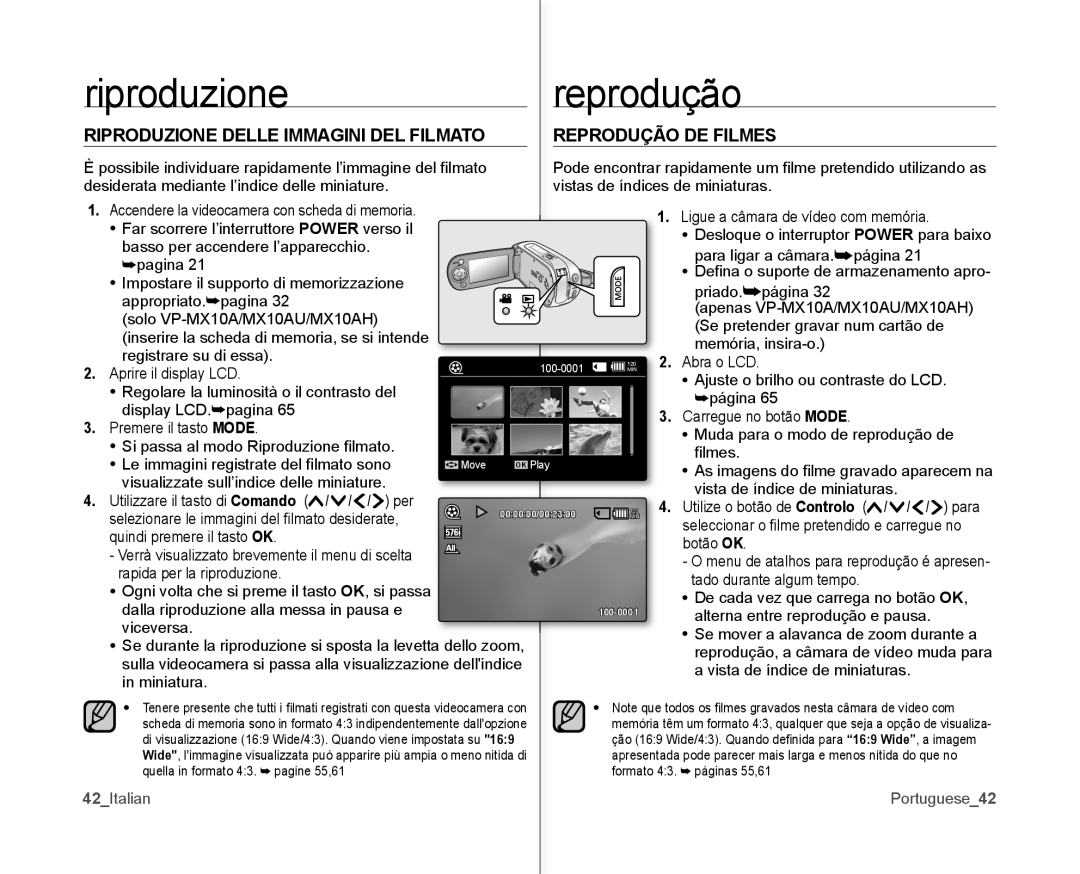 Samsung VP-MX10H/XEF, VP-MX10/XEF, VP-MX10P/XEF manual Riproduzione Reprodução, Reprodução DE Filmes, 42Italian Portuguese42 