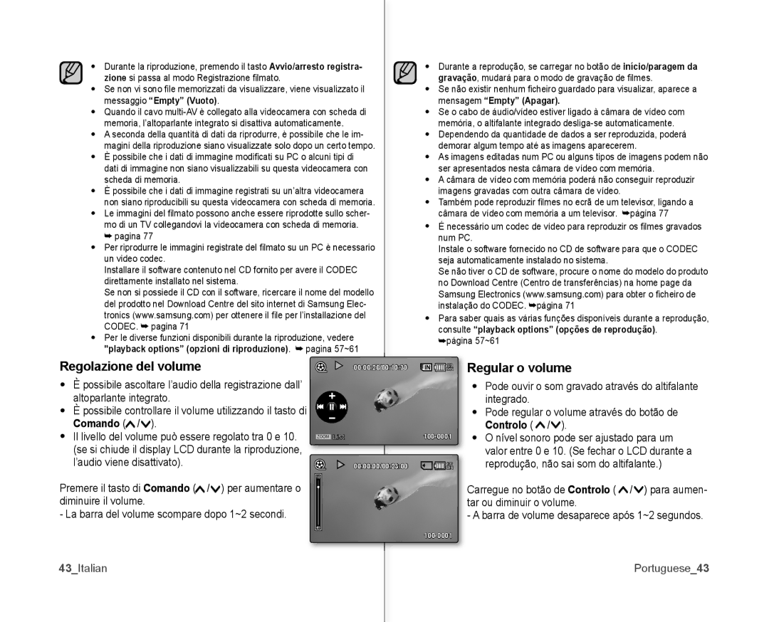 Samsung VP-MX10/XEF, VP-MX10H/XEF, VP-MX10P/XEF manual Regular o volume, ’audio viene disattivato, 43Italian, Portuguese43 