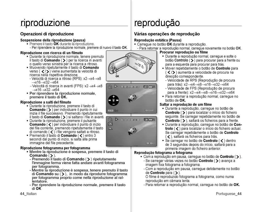 Samsung VP-MX10P/XEF, VP-MX10H/XEF, VP-MX10/XEF manual Operazioni di riproduzione Várias operações de reprodução 