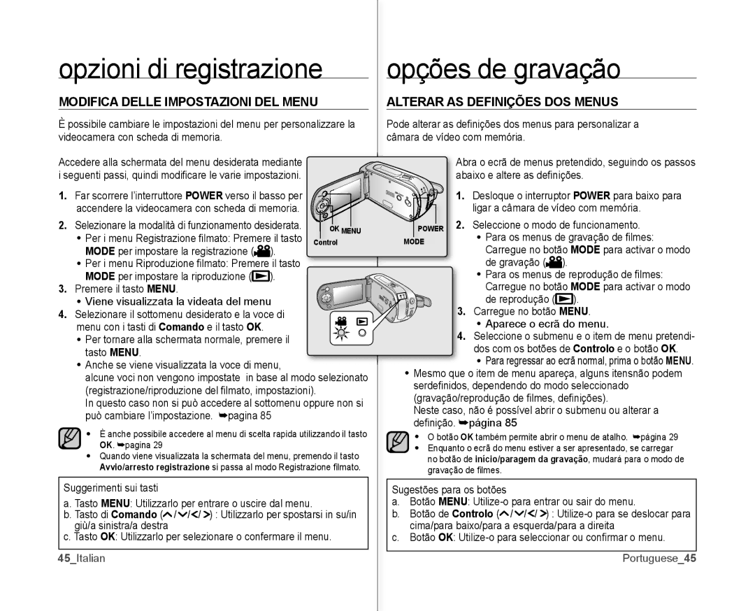 Samsung VP-MX10H/XEF, VP-MX10/XEF, VP-MX10P/XEF manual Opzioni di registrazione Opções de gravação, 45Italian Portuguese45 