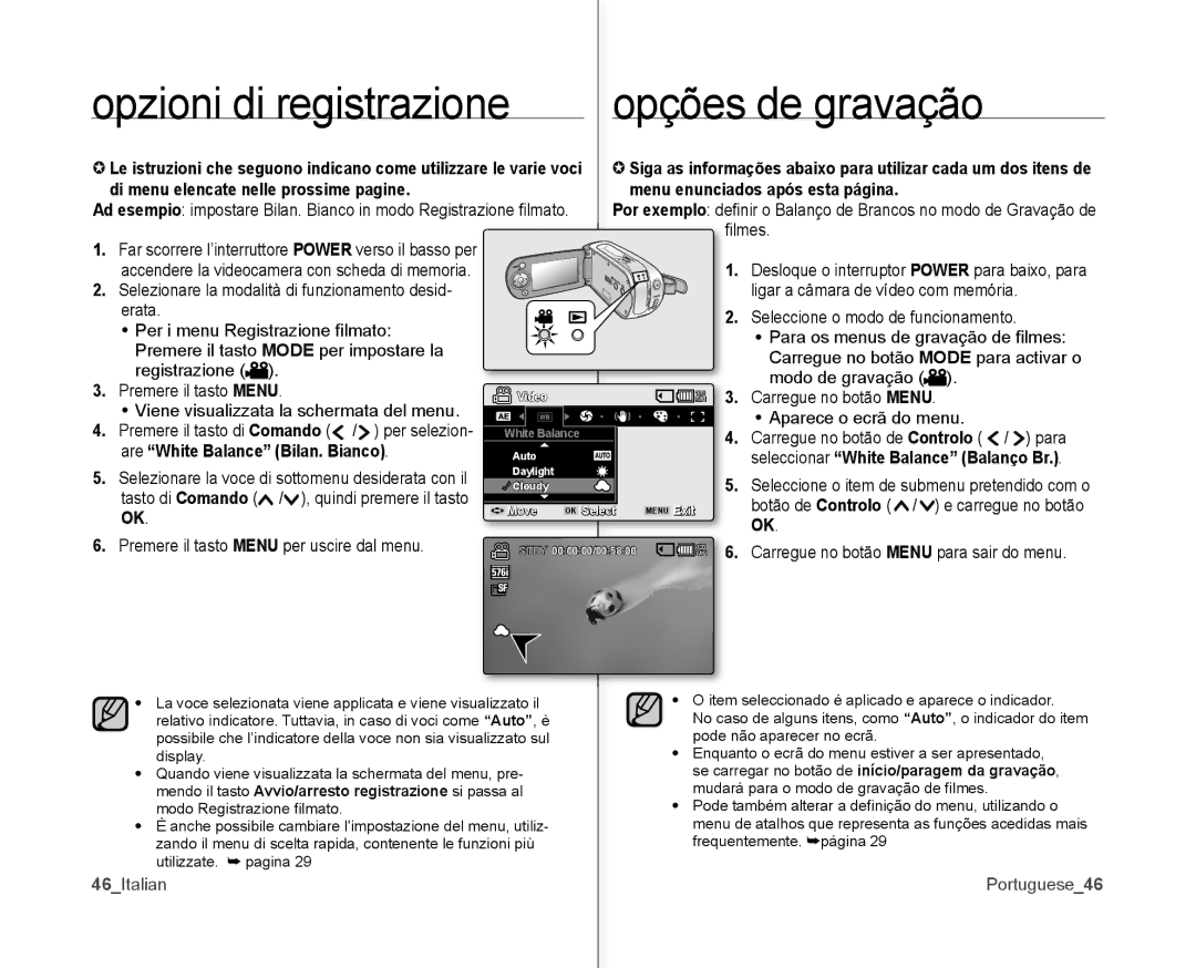 Samsung VP-MX10/XEF, VP-MX10H/XEF, VP-MX10P/XEF Di menu elencate nelle prossime pagine, Are White Balance Bilan. Bianco 