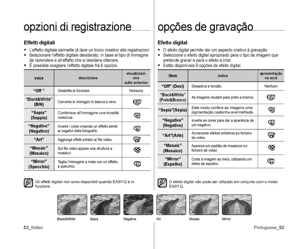 Samsung VP-MX10/XEF, VP-MX10H/XEF Effetti digitali, Efeito digital, Possibile scegliere l’effetto digitale fra 6 opzioni 