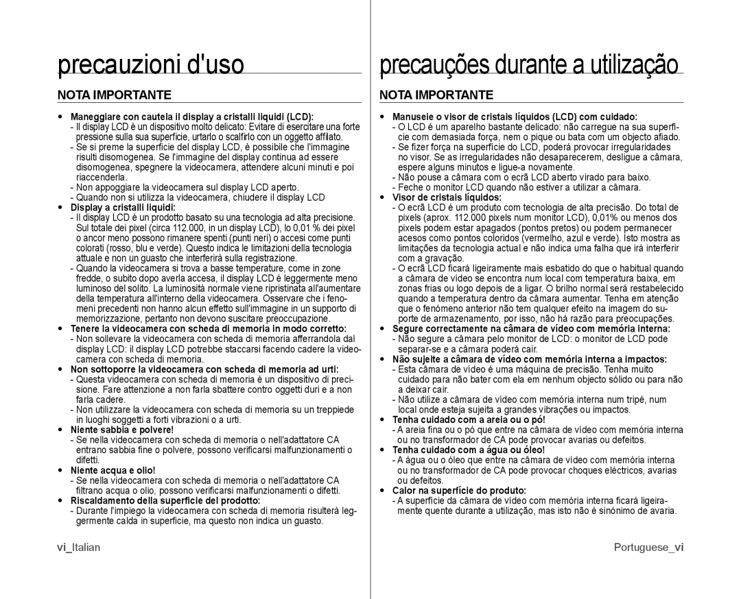 Samsung VP-MX10H/XEF, VP-MX10/XEF, VP-MX10P/XEF manual Precauzioni duso, Nota Importante 