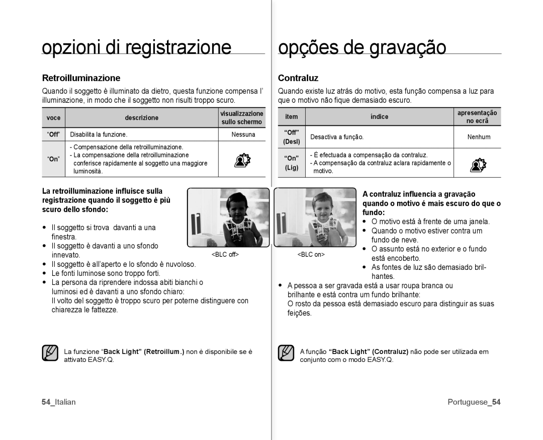 Samsung VP-MX10H/XEF, VP-MX10/XEF, VP-MX10P/XEF manual Retroilluminazione, Contraluz inﬂuencia a gravação, Fundo 