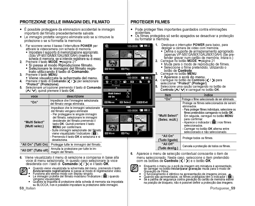 Samsung VP-MX10P/XEF Protezione Delle Immagini DEL Filmato Proteger Filmes, Protect Protezione, Portuguese59, 59Italian 