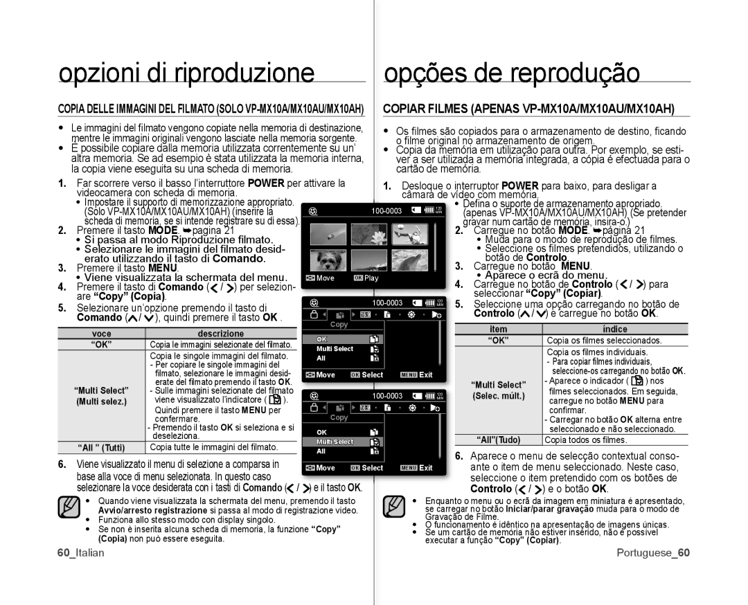 Samsung VP-MX10H/XEF, VP-MX10/XEF, VP-MX10P/XEF manual Are Copy Copia, Copy Copiar, 60Italian Portuguese60 