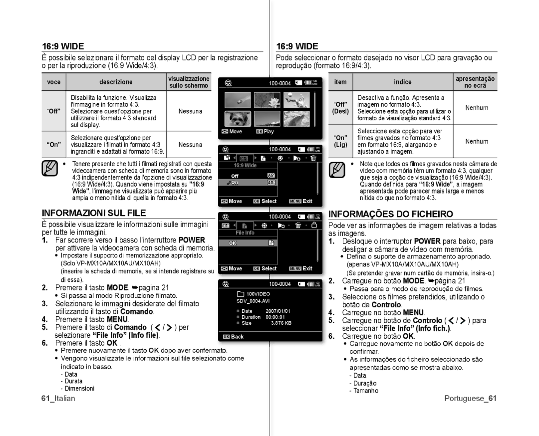 Samsung VP-MX10/XEF, VP-MX10H/XEF, VP-MX10P/XEF manual Informazioni SUL File, Informações do Ficheiro, 61Italian Portuguese61 