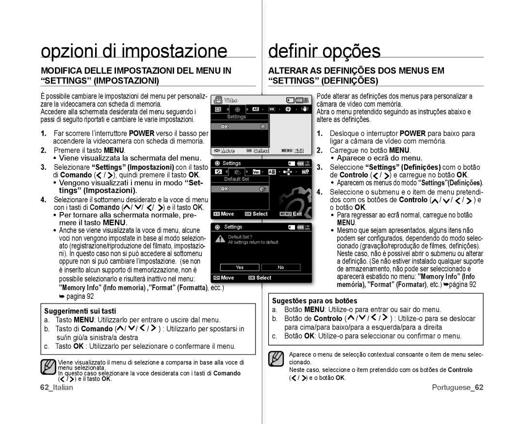 Samsung VP-MX10P/XEF, VP-MX10H/XEF Opzioni di impostazione deﬁ nir opções, Tings Impostazioni, Sugestões para os botões 