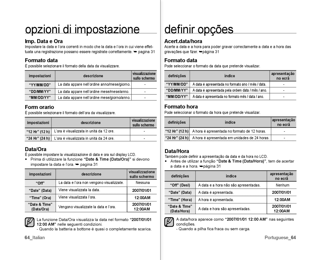 Samsung VP-MX10/XEF, VP-MX10H/XEF, VP-MX10P/XEF manual Opzioni di impostazione, Deﬁ nir opções 