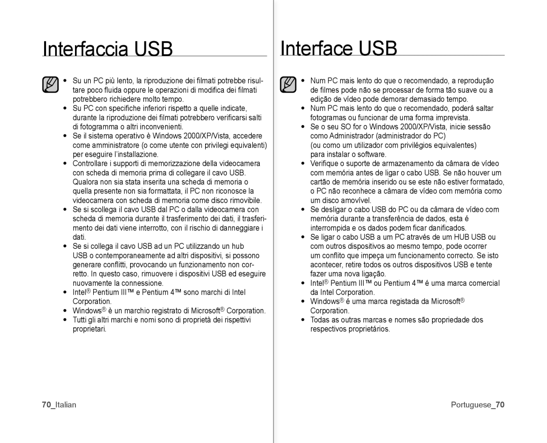 Samsung VP-MX10/XEF Interfaccia USB, 70Italian, Portuguese70, Windows è un marchio registrato di Microsoft Corporation 