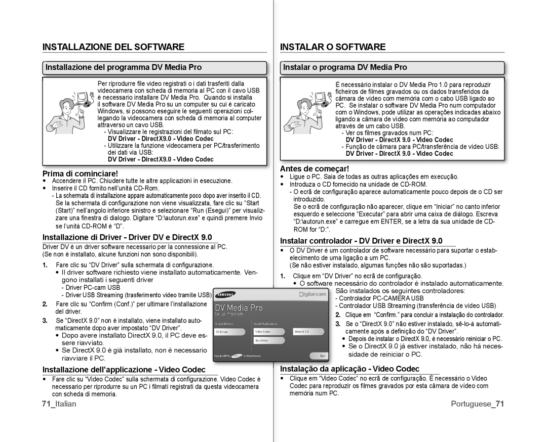 Samsung VP-MX10P/XEF, VP-MX10H/XEF, VP-MX10/XEF manual Installazione DEL Software, Instalar O Software 