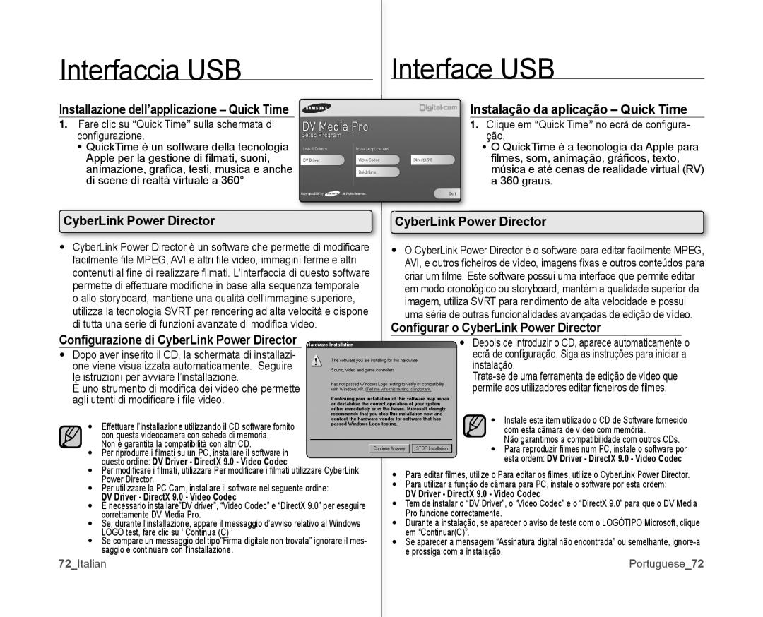 Samsung VP-MX10H/XEF, VP-MX10/XEF, VP-MX10P/XEF manual Installazione dell’applicazione Quick Time, CyberLink Power Director 