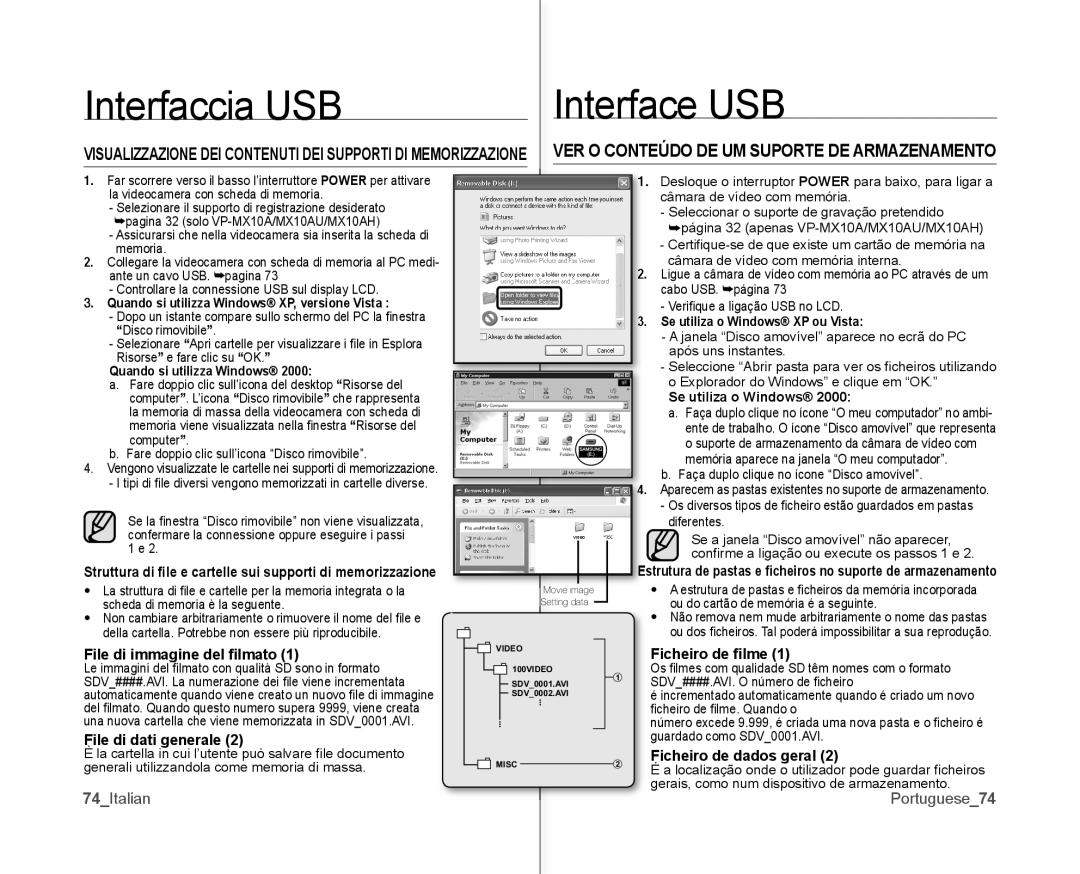 Samsung VP-MX10P/XEF manual File di immagine del ﬁlmato Ficheiro de ﬁlme, File di dati generale, Ficheiro de dados geral 