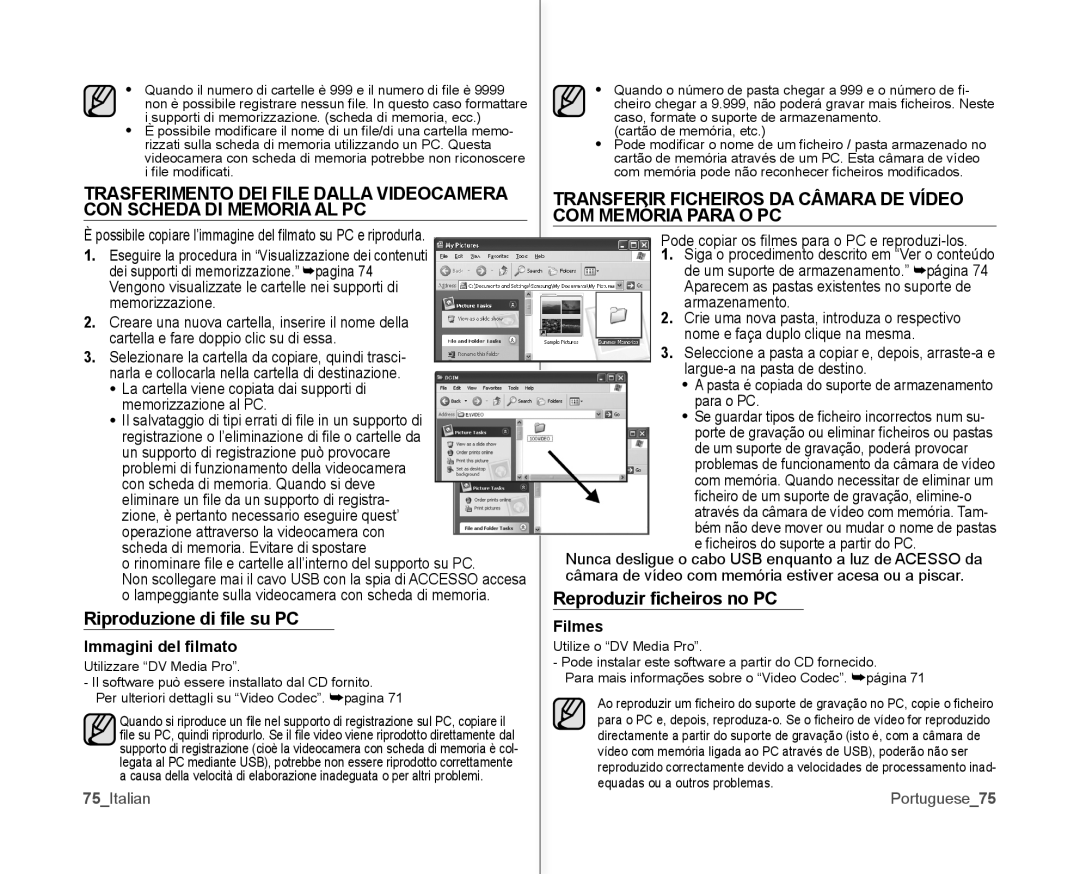 Samsung VP-MX10H/XEF, VP-MX10/XEF manual Riproduzione di ﬁle su PC, Reproduzir ﬁcheiros no PC, Immagini del ﬁlmato, Filmes 