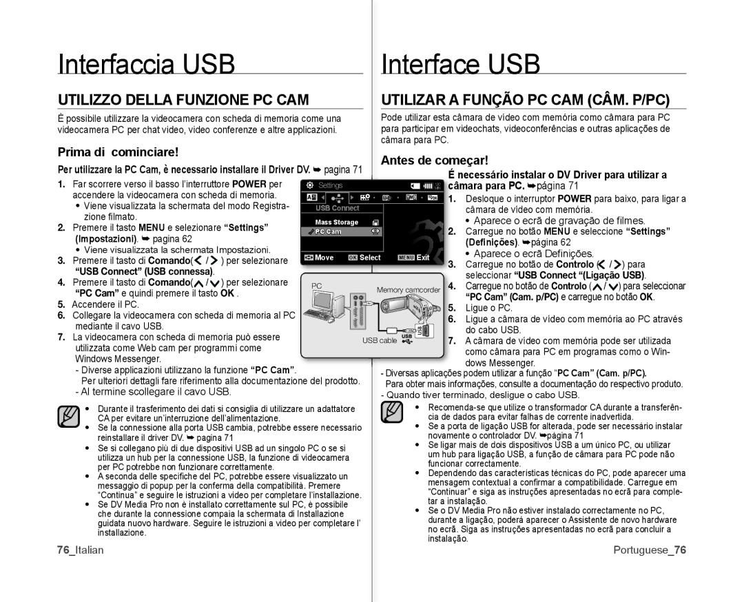 Samsung VP-MX10/XEF, VP-MX10H/XEF manual Prima di cominciare Antes de começar, Câmara para PC. página, Deﬁnições. página 