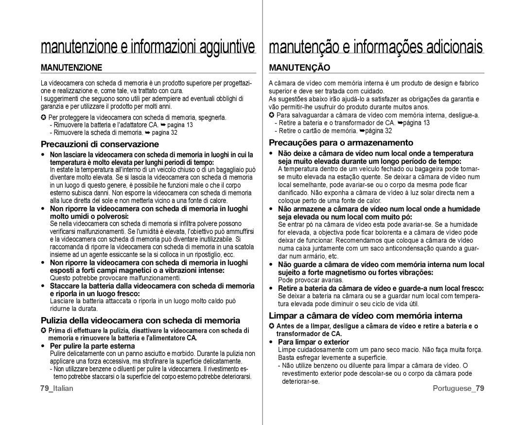 Samsung VP-MX10/XEF, VP-MX10H/XEF, VP-MX10P/XEF manual Manutenzione, Manutenção 