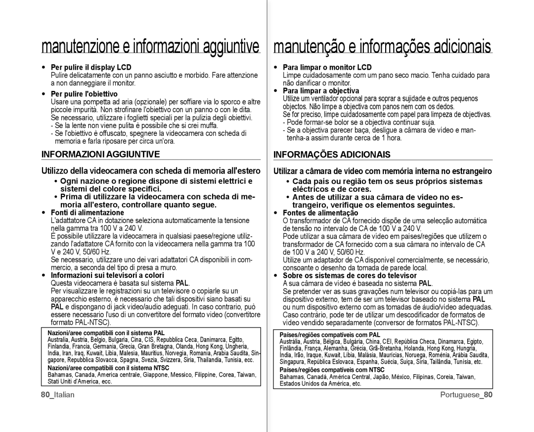 Samsung VP-MX10P/XEF, VP-MX10H/XEF, VP-MX10/XEF manual Informazioni Aggiuntive, Informações Adicionais 