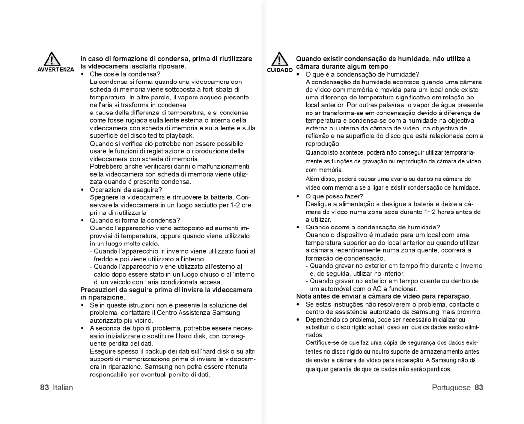 Samsung VP-MX10P/XEF, VP-MX10H/XEF manual 83Italian, Portuguese83, Nota antes de enviar a câmara de vídeo para reparação 