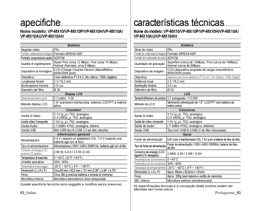 Samsung VP-MX10H/XEF, VP-MX10/XEF manual Apecifiche, Características técnicas, 93Italian, Informazioni generali, Geral 