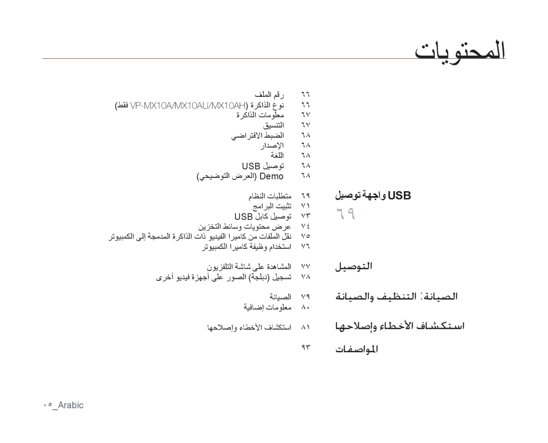 Samsung VP-MX10P/AND, VP-MX10/UMG, VP-MX10A/MEA, VP-MX10A/AND, VP-MX10A/KNT, VP-MX10AU/MEA, VP-MX10AU/HAC manual ليصوت ةهجاو Usb 