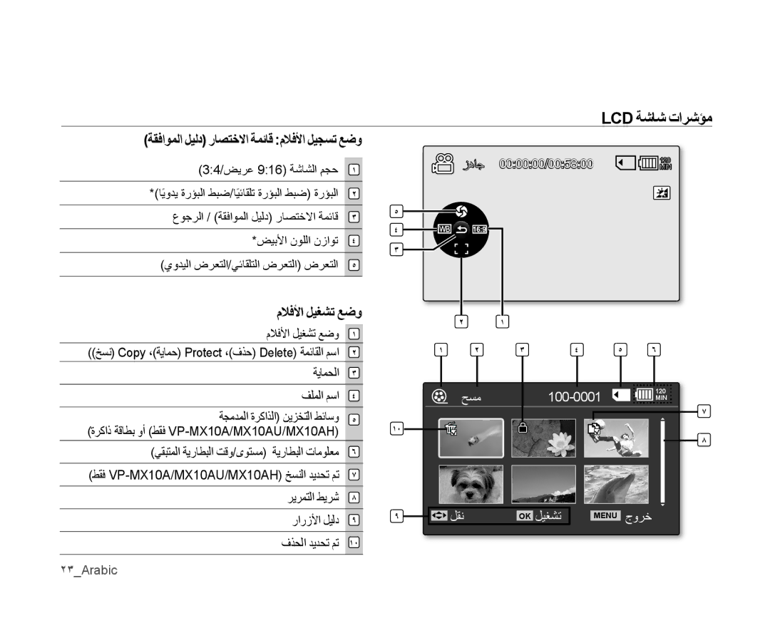 Samsung VP-MX10A/CAN manual ﺔﻘﻓﺍﻮﻤﻟﺍ ﻞﻴﻟﺩ ﺭﺎﺼﺘﺧﻻﺍ ﺔﻤﺋﺎﻗ ﻡﻼﻓﻷﺍ ﻞﻴﺠﺴﺗ ﻊﺿﻭ, ﻡﻼﻓﻷﺍ ﻞﻴﻐﺸﺗ ﻊﺿﻭ, 34/ﺾﻳﺮﻋ 916 ﺔﺷﺎﺸﻟﺍ ﻢﺠﺣ, ٢٣Arabic 