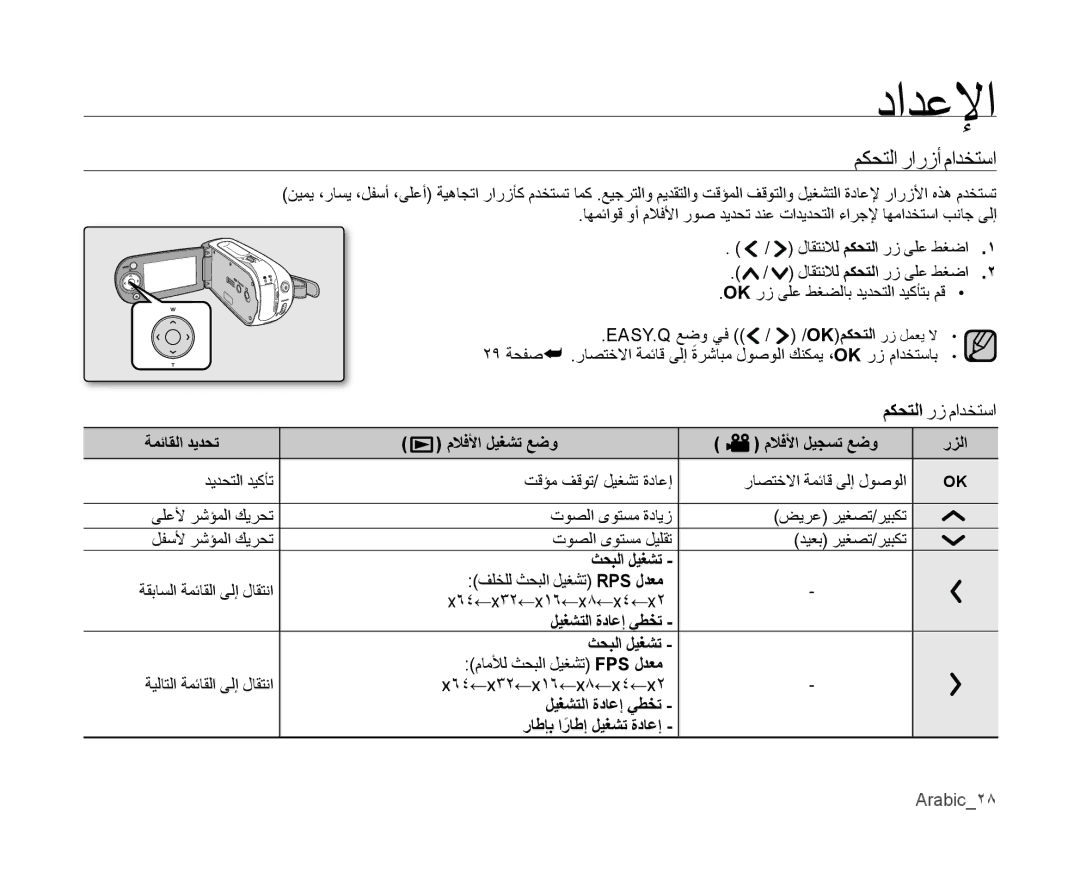 Samsung VP-MX10AH/MEA مكحتلا رارزأ مادختسا, مكحتلا رز مادختسا, ملافلأا ليﻐﺸت عﺿو, ﺚحبلا ليﻐﺸت, ﺭاﻃﺈب اﺭاﻃﺇً ليﻐﺸت ةداعﺇ 